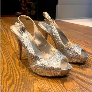 Nine West Silver Sparkling Peep-toe Slingback Heels